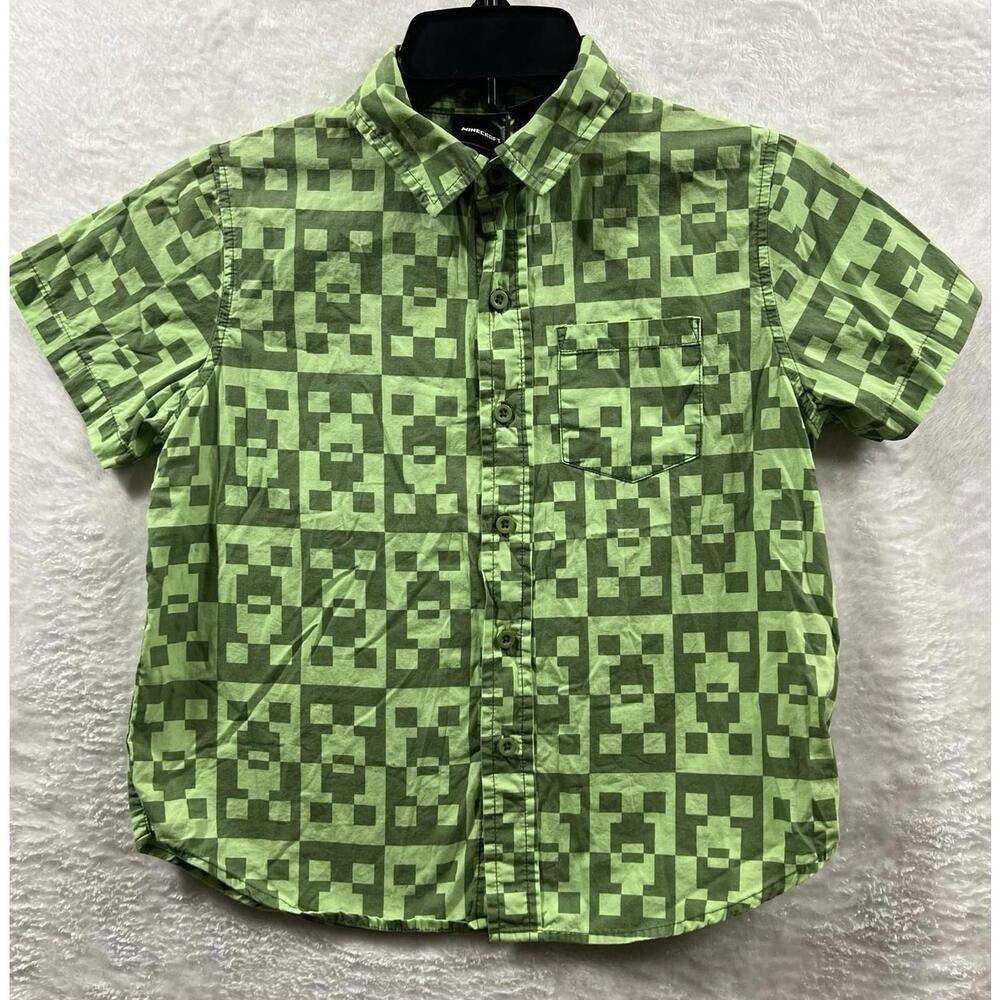 Minecraft Creeper Green Button Up Shirt Kids Size S 100% Cotton Short Sleeve